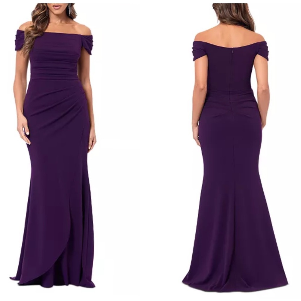 XSCAPE Ruched Scuba Off the Shoulder Gown Dress size 12